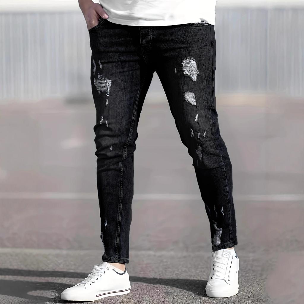 New Casual Ripped Jeans Men'S Trend Elastic Washed Small Feet Slim-Fit Pants