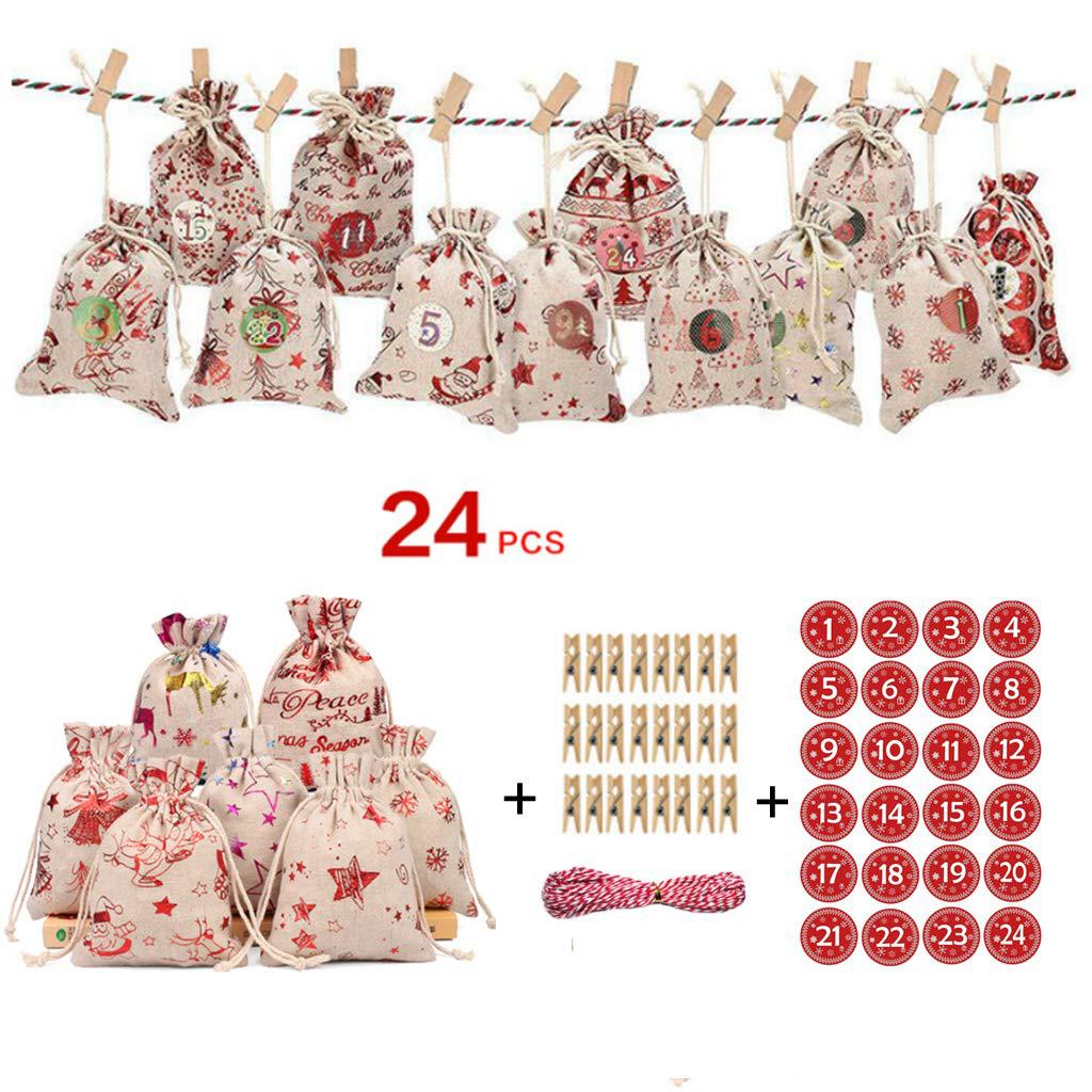 24pcs Linen Christmas Gift Bags with Gilded Christmas Patterns Chocolate Candy Packaging Gift Bags Drawstring Bags