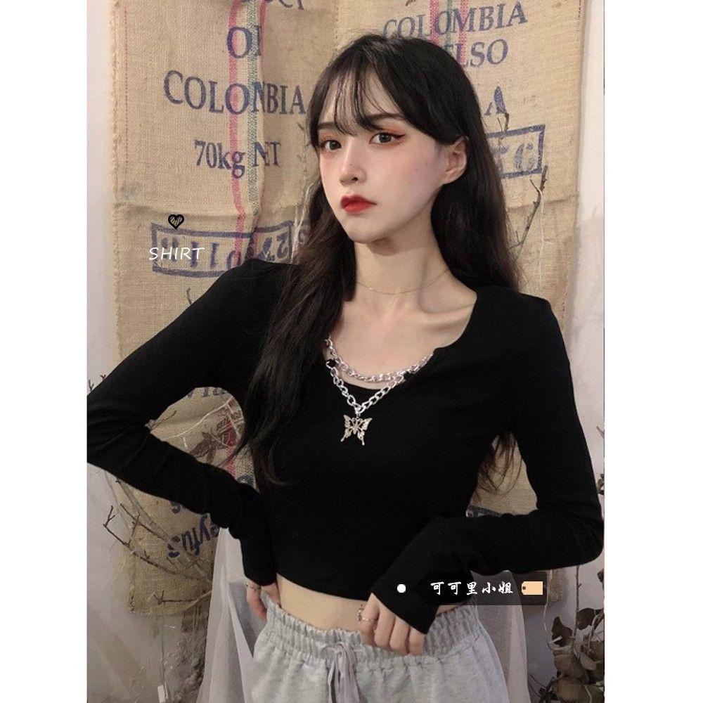 Design Sense Niche Spice Girl Black Short Long Sleeve T-Shirt Autumn New Slim Skinny Bottom Top Women