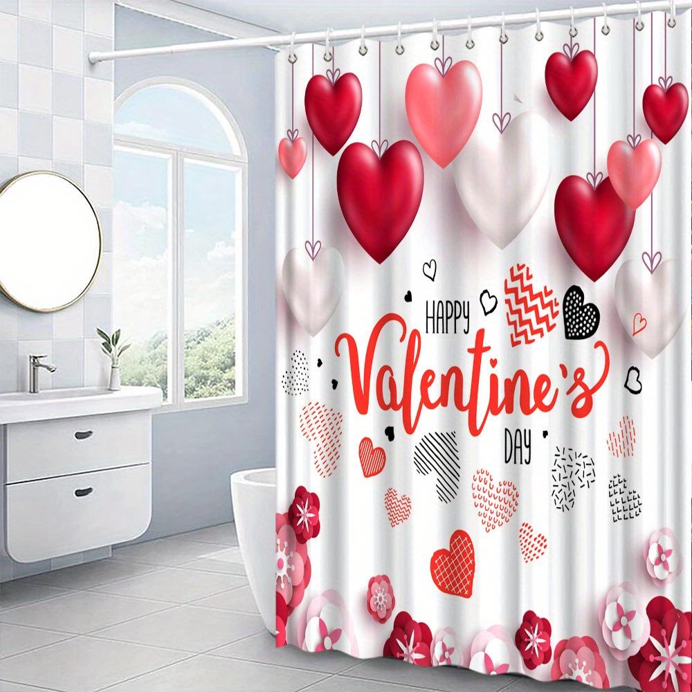 1pc Valentine's Day Shower Curtain - Heart & Floral Balloons, White Background, Red & Pink Flowers,Text: 'Happy Valentine's Day'