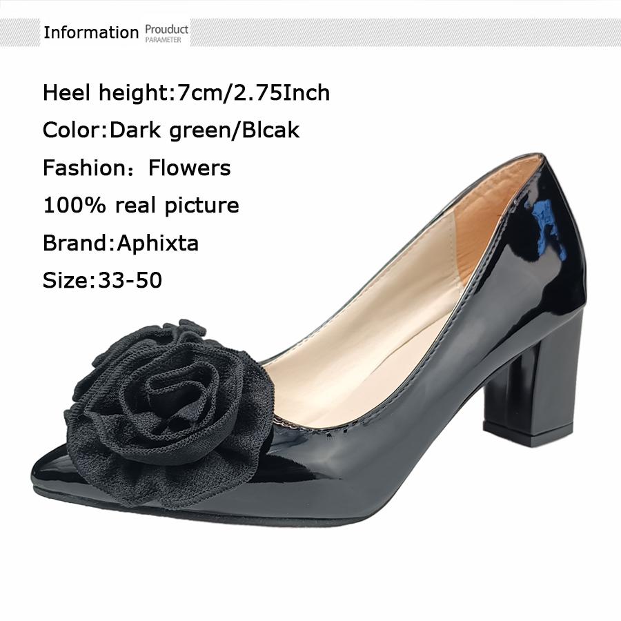 Fashion Aphixta New 7cm Square Heel Patent Leather Shoes Women Pumps Dark Green Flowers Officile Pointed Toe Plus Size 49 50