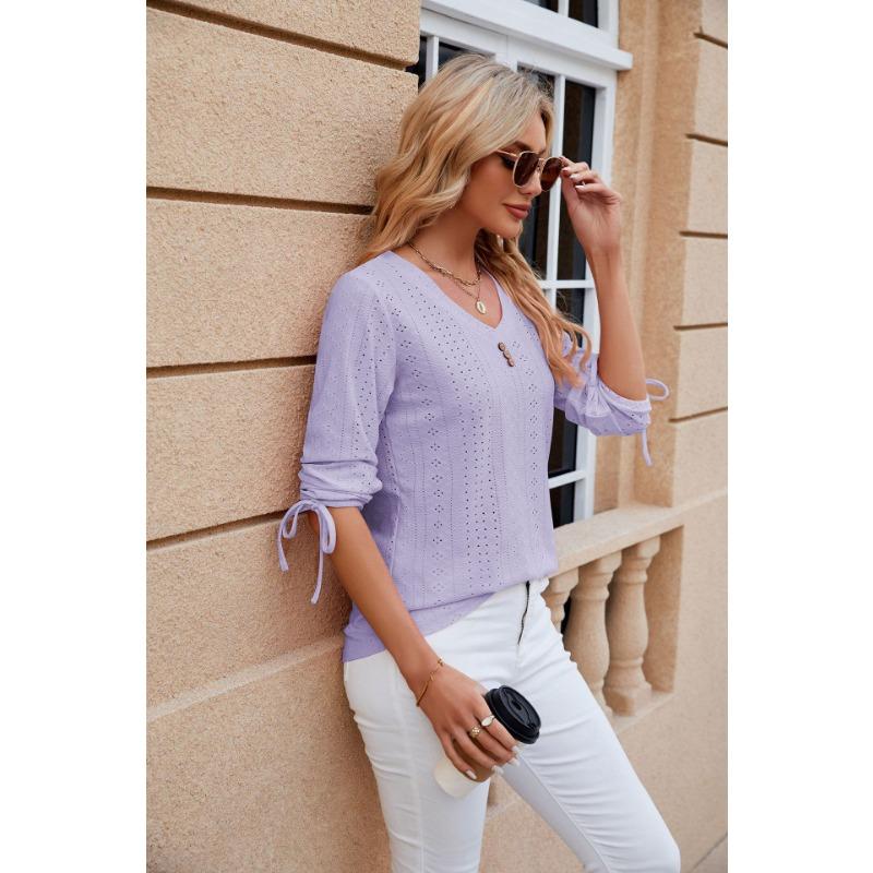Spring and Summer Women's T-shirt New Button V-neck Solid Color Loose T-shirt Mid-sleeved Tops