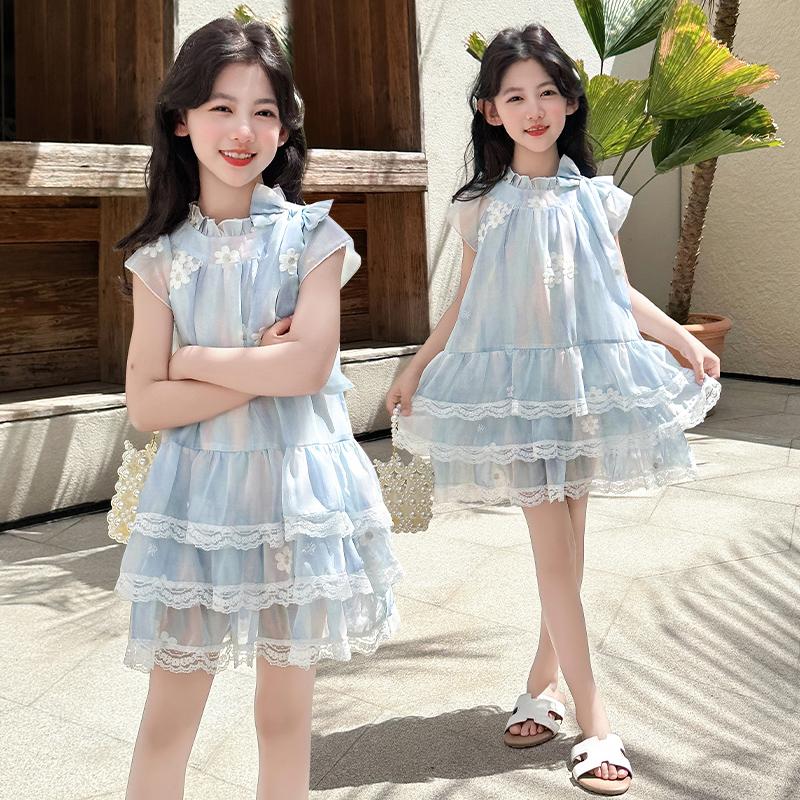 Girls' dress summer 2026 new French style small fly sleeves floral chiffon cake skirt princess skirt