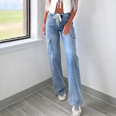 Women Mid Waisted Cargo Jeans Straight Wide Leg Denim Pants