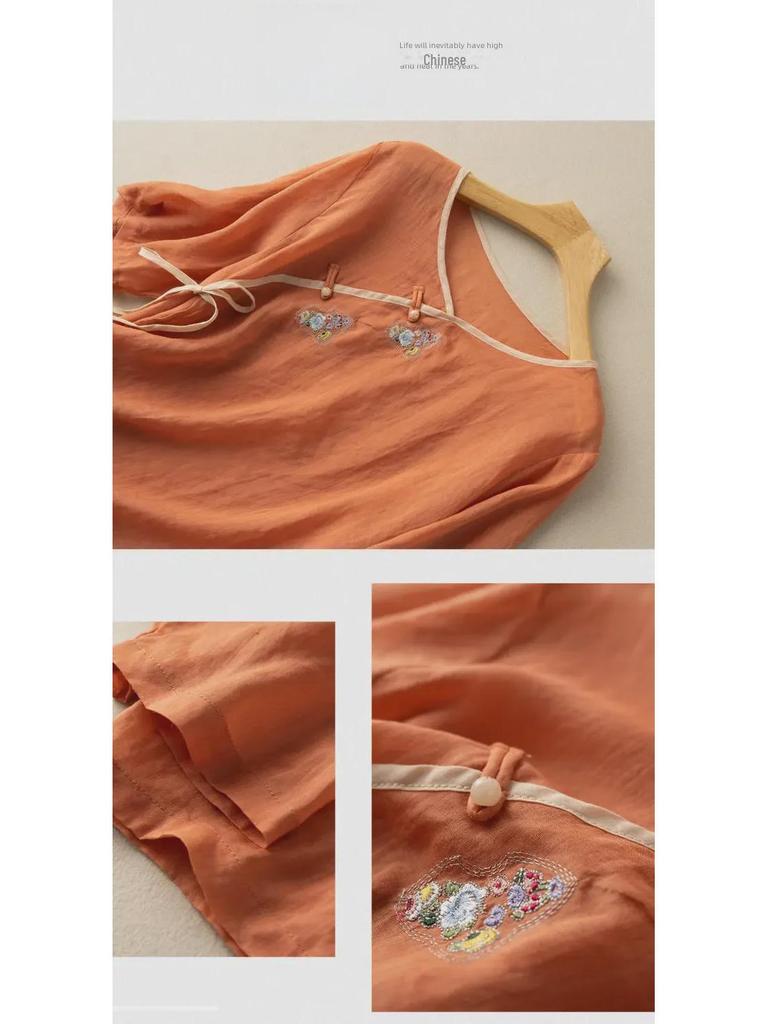 Damen 2024 Sommer Locker Geschnittenes Baumwollleinen Besticktes Hemd mit Schrägkragen, Kurzen Ärmeln und Nationalem Stil