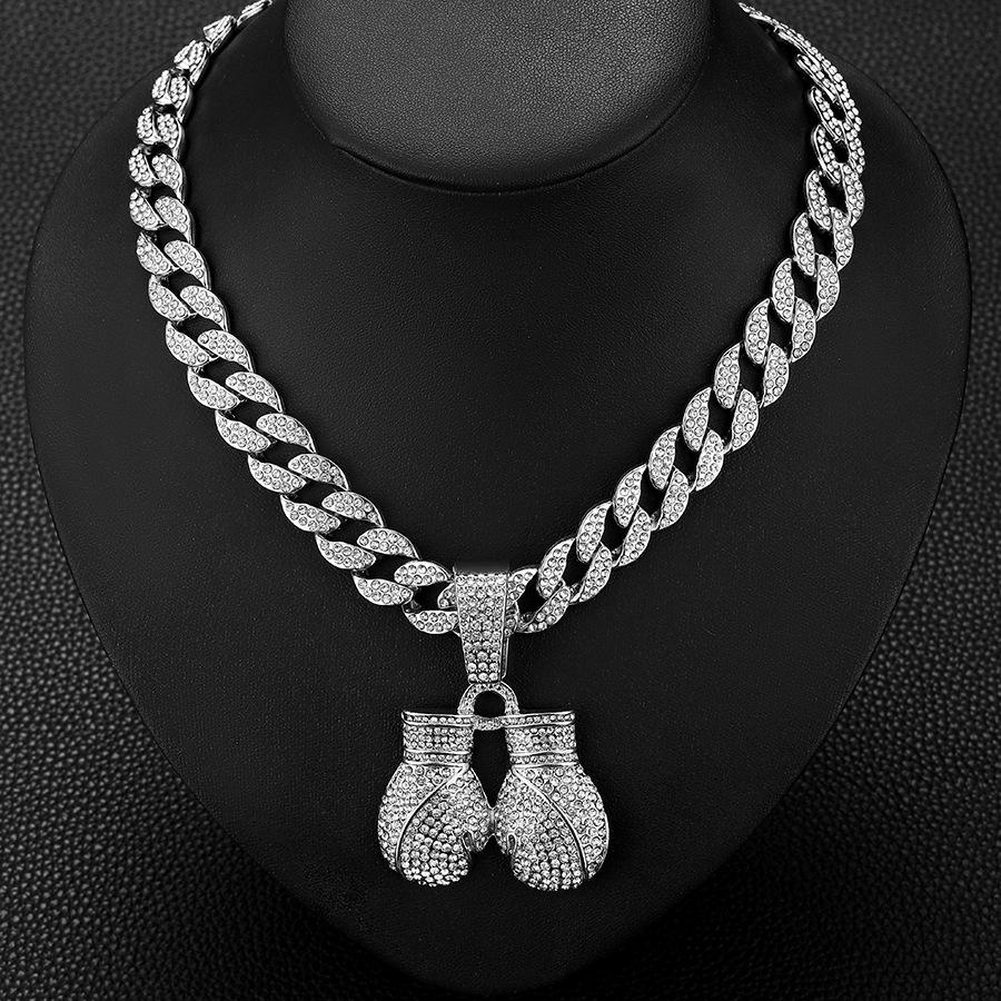 Guantoni da Boxe Hip Hop Full Diamond Ciondolo in Lega Collana Cuban Chain alla Moda Personalità Gioielli da Uomo