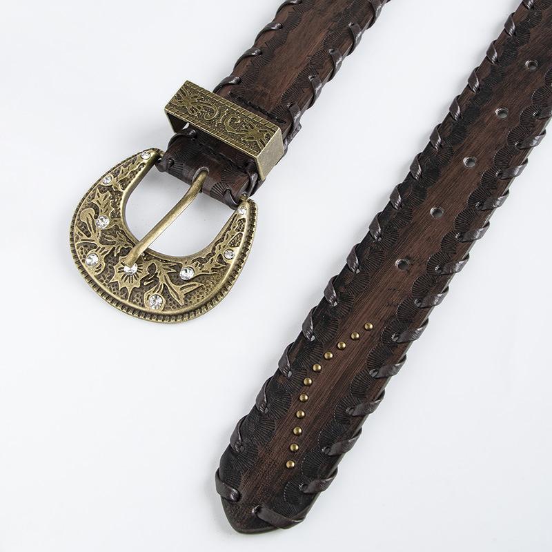 New Women's Retro Old Threaded Rivet Embossed Brown Belt Women's Personality Retro Belt