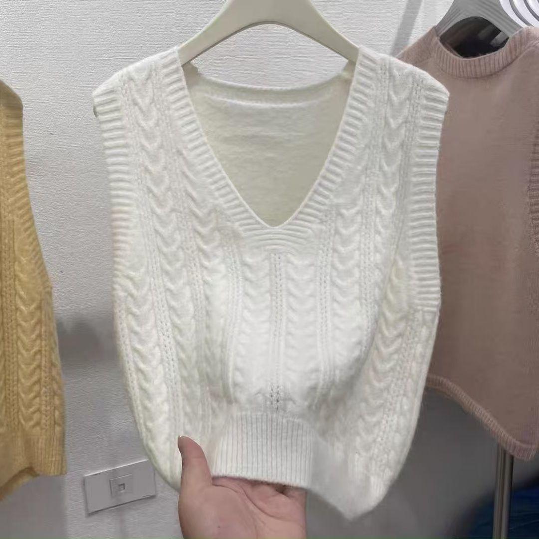 

Пуловер В язана жилетка з V-подібним вирізом Вільна осіння нова безрукавка Короткий светр Без рукавів Топ із застібкою S білий