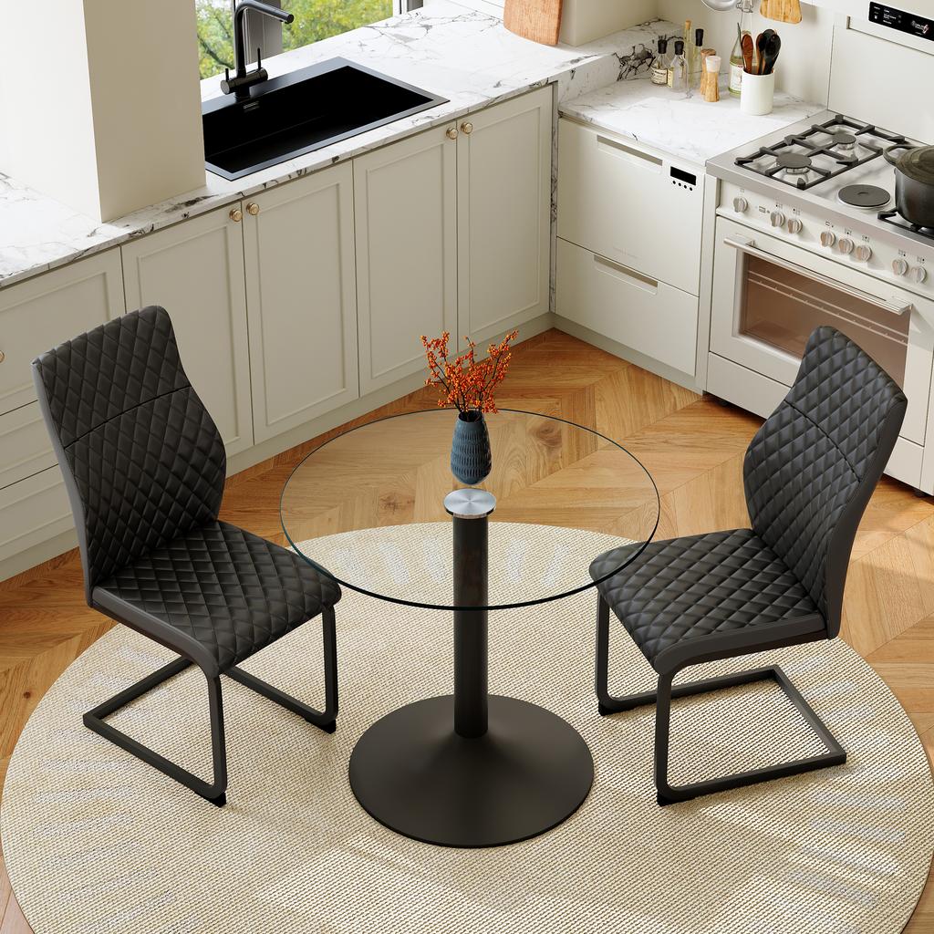 Table-Chair Set. Round Glass Table with 85 cm Diameter + 2 Black Chairs with High Backrest and Diamond Quilting made of PU