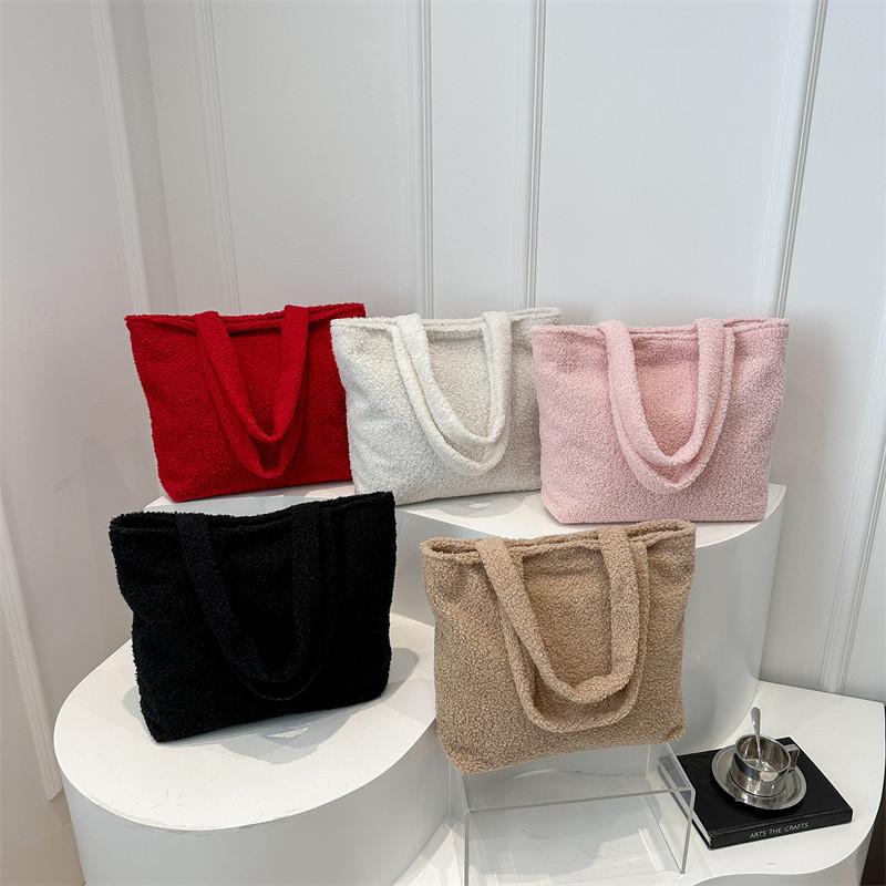 Korean Style Plush Tote Bag For Women Large Capacity Chic Shoulder Bag In Black White Red Pink Khaki
