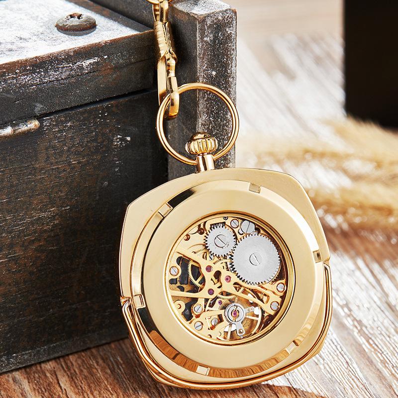 Automatic Mechanical Square Pocket Watch Clamshell Trend Fashion Classic Roman Letters Retro Chain Mechanical Pocket Watch