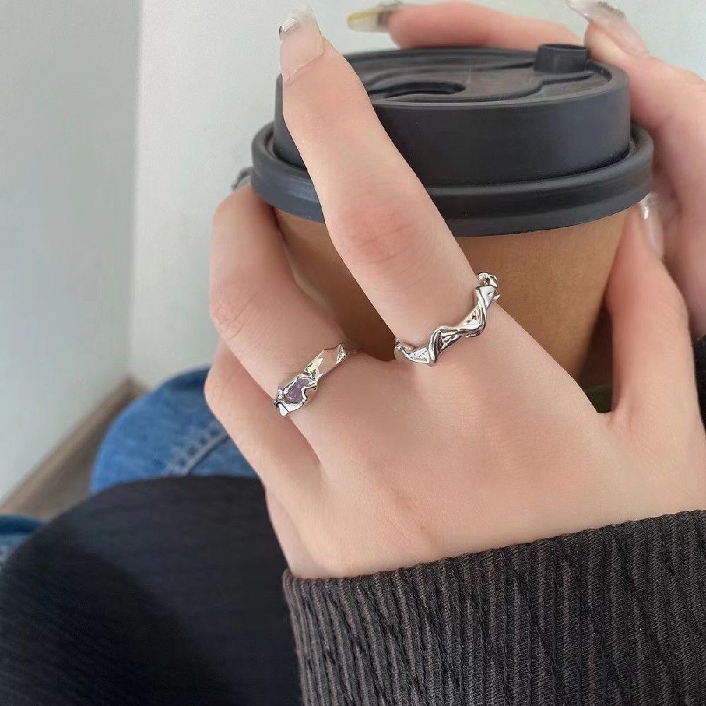 Moonstone Irregular Ring Wave Ring Women's Ins Geometric Ring Versatile Opening Adjustable Pair Ring Index Finger Ring