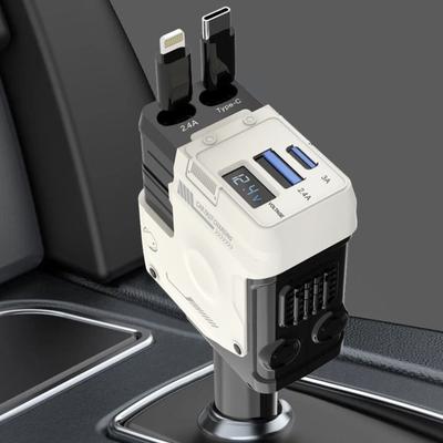 4-in-1 Retractable Cigarette Lighter Adapter with USB Type C Fast Charging Cable for IPhone & Android Devices 120W Car Charger