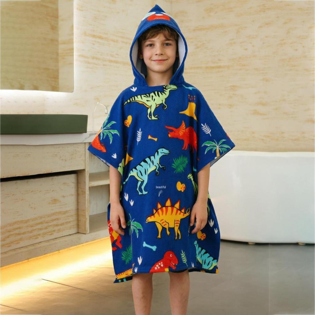 Ultra-Fine Fiber Cartoon Print Kids' Hooded Bath Towel Poncho