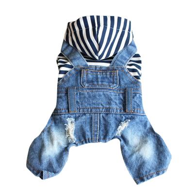 1pc Pet Clothes Dog Jumpsuit Stripe Hooded Denim Suspenders Puppy Outfit Durable Wearable For Outdoor Sleeping Photos