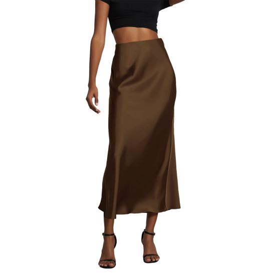 Women Midi Skirt Mid-rise A-Line Solid Color Fishtail Skirt Smooth Fabric Office Lady Skirt