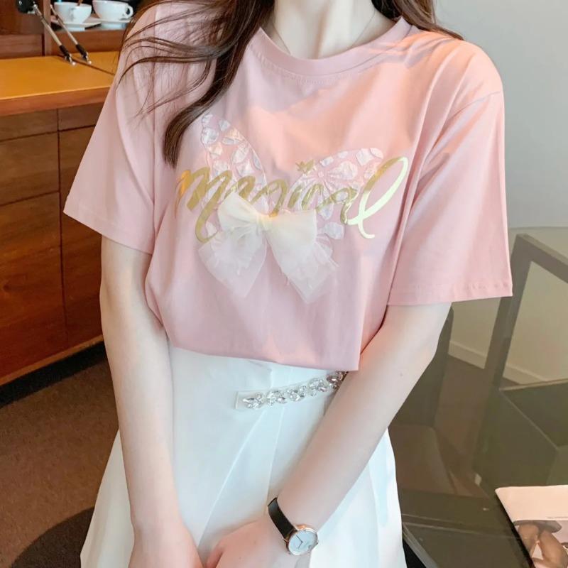 Women s Bow Print Gold Letter Short Sleeve White T-Shirt S