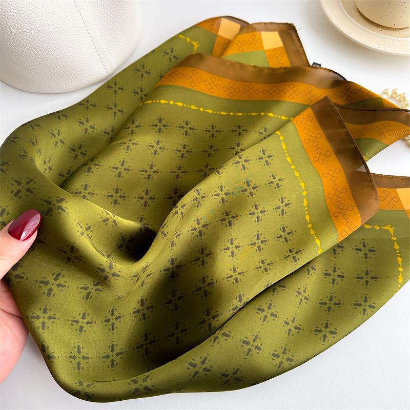 Dark Green Printed 70cm Square Scarf Floral Pattern Simple Silk Neckerchief Elegant Bandana Women Head Wrap Scarves