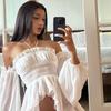 Frühling neue sexy one-shoulder plissierter Rüschenrand figurbetont Laternenärmel langes Ärmel Hals Oberteil Damen