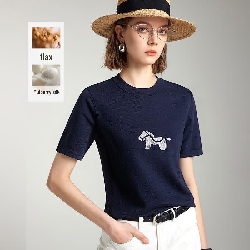 Wudao Women s Pony Embroidery Silk-Linen Blend Round Neck T-Shirt L