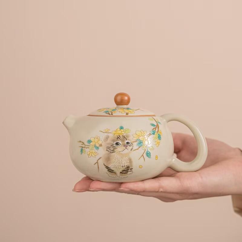 Cute Cat Ru Ware Ceramic Teapot