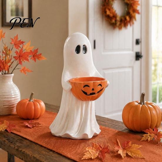 Trick or Treat Dessert Holder Resin Ghost Statue with Pumpkin Candy Bowl, Cute Figurine, Multi Functional Storage Figure for Front Porch Yard