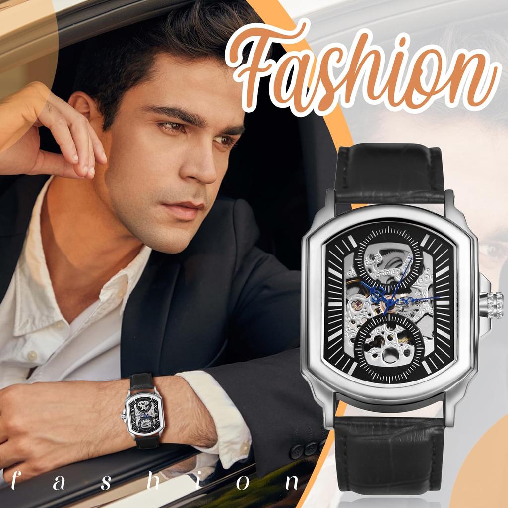 Automatic Watch with Genuine Leather Strap and Waterproof Stylish Square Quartz Watch in Black Perfect Gift for or Day Men's Design - Birthdays,