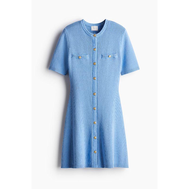 

HM Women s Clothing Dress 2025 Fall New Arrival Classic Style Front Button Rib Knitted Dress 1229076 Blue 160/88
