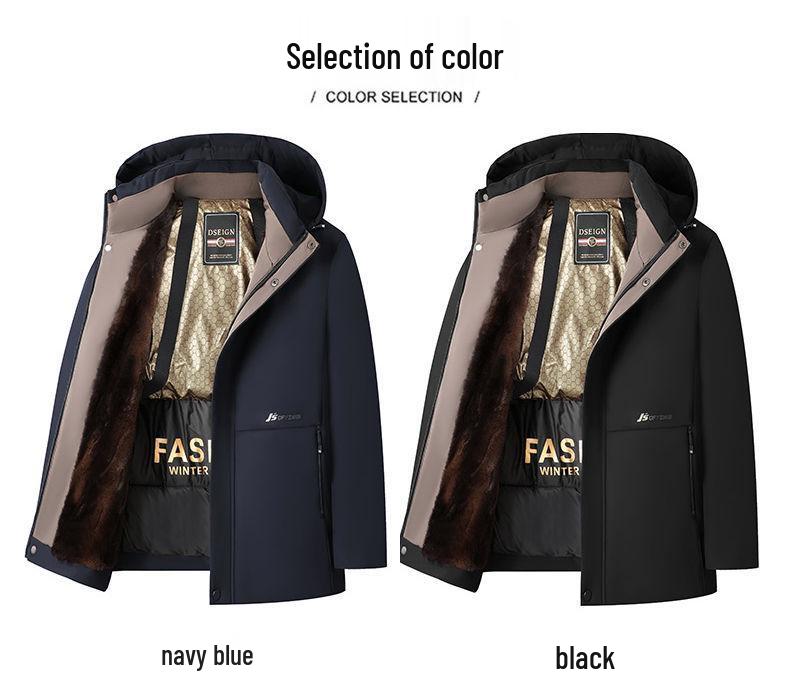 Men's Black Gold Mid-Length Winter Jacket - Thickened, Velvet-Lined, Loose-Fit Dad's Wear