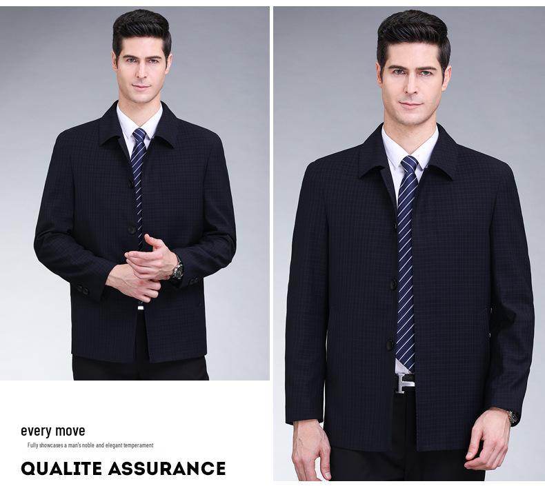 Men's High-End Wool Plaid Jacket - Lapel Top for Middle-Aged Dads, Spring/Autumn Casual Outerwear
