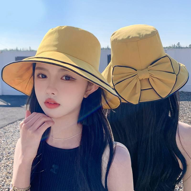 Polyester Cool Sun Hat With Wide Brim And Stylish Bow For Summer Outdoor Use