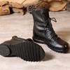 Johnature Genuine Leather Soft Soled Short Boots Versatile Black Lace Up Back Zipper Warm Women's Boots