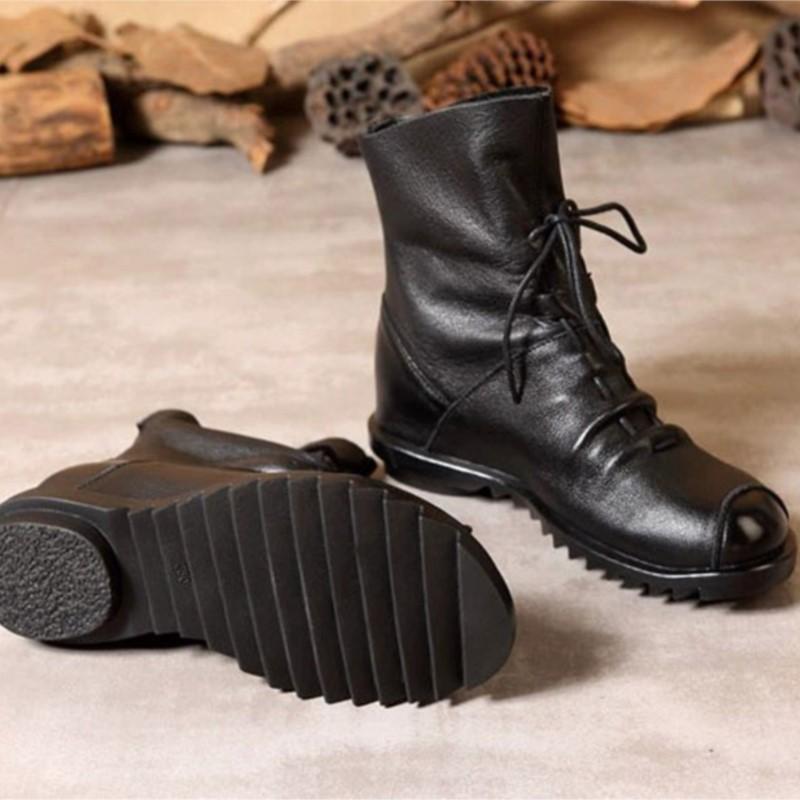 Johnature Genuine Leather Soft Soled Short Boots Versatile Black Lace Up Back Zipper Warm Women's Boots