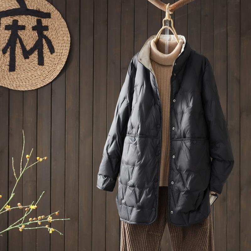 Wear Down Jackets On Both Sides, Women's Medium and Long Winter New Fashion Stand-up Collar, Pressed Glue White Duck Down, Light and Thin Coat Tide