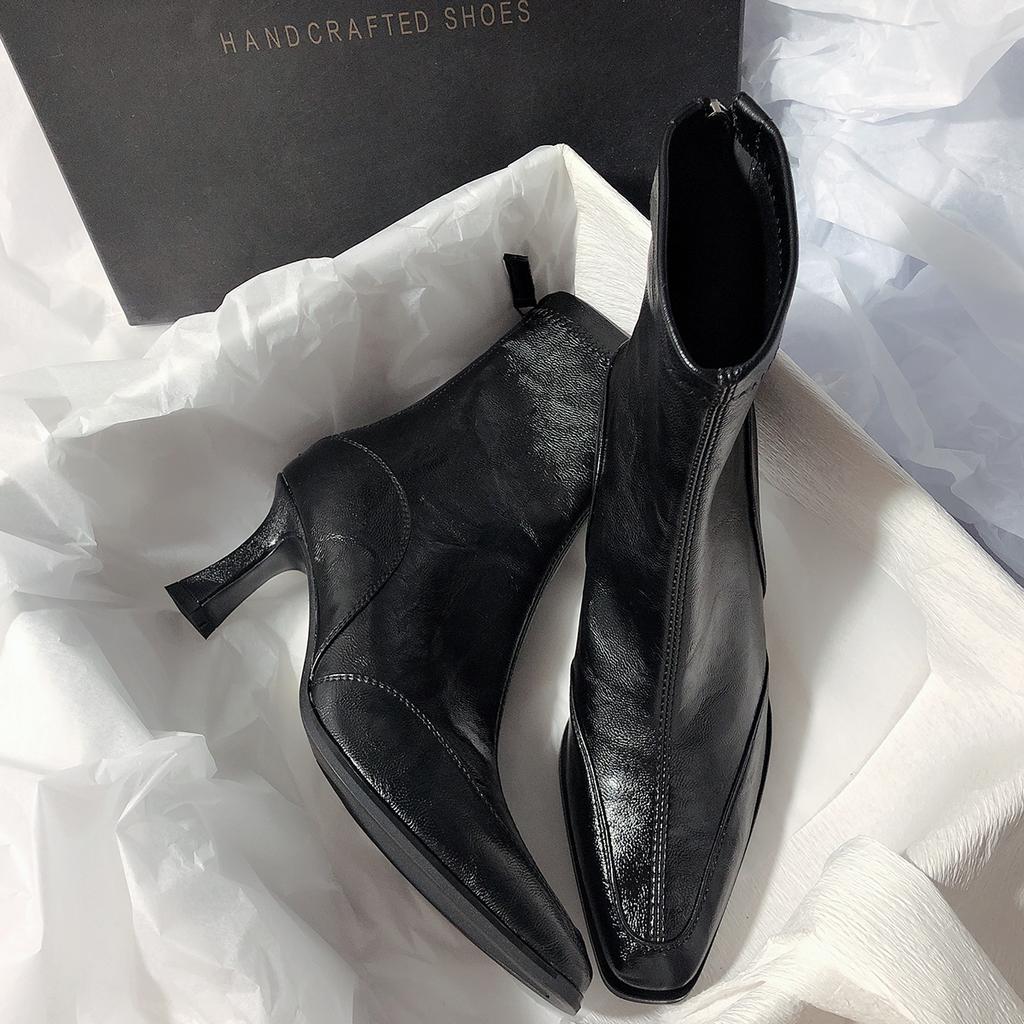 Herbst Winter Dicker Absatz Damen Stiefeletten Elegante Spitze Dünne Absätze Schuhe Street Style Bankett Party Kurze Botas Mujer