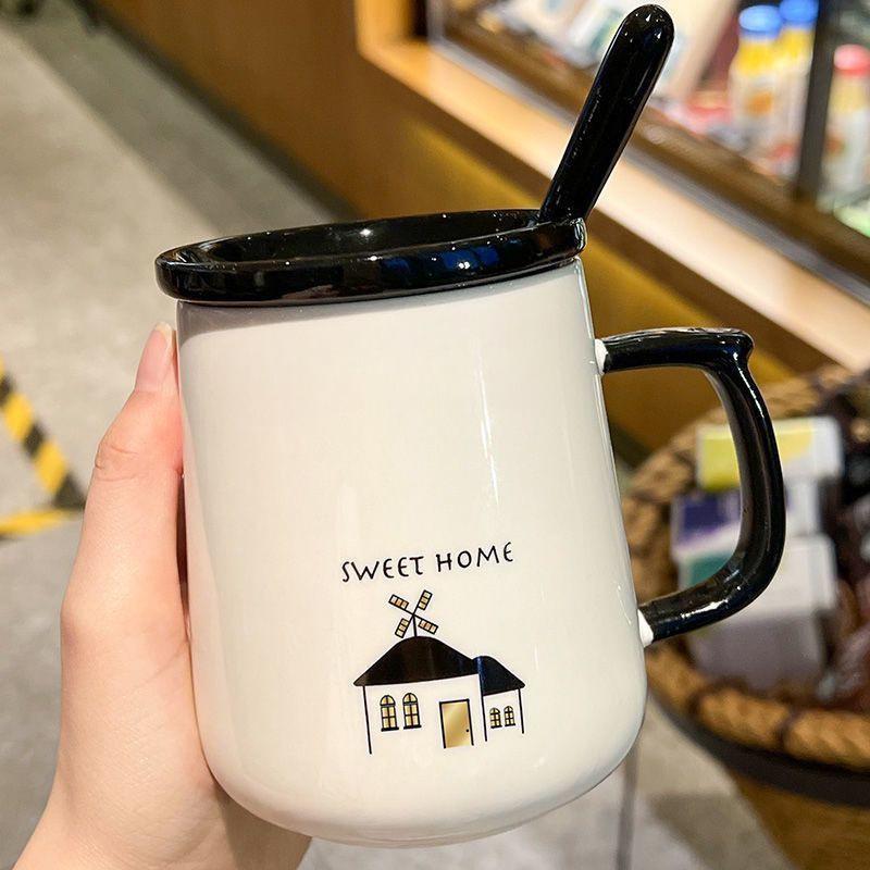 Mug en Céramique avec Couvercle et Cuillère pour Café - Parfait pour Hommes, Femmes, Couples et Enfants - Design Mignon et Créatif pour la Maison ou le Petit Déjeuner.