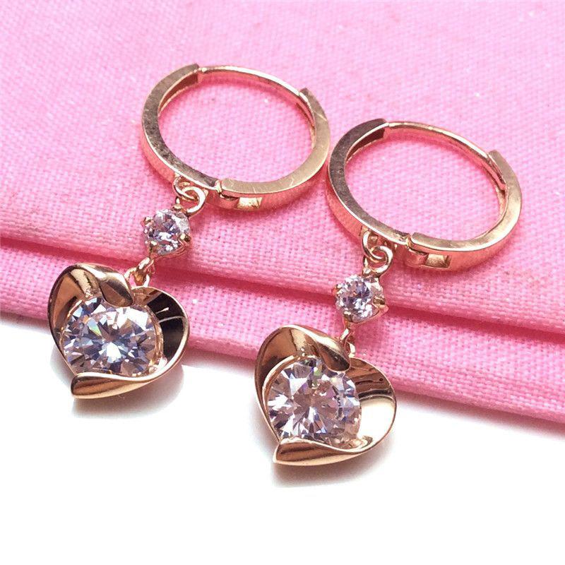 Exquisite Russian 585 Purple Gold Shiny Peach Heart Zircon Ear Buckle Fashionable Rose Gold-Plated Versatile Love Earrings