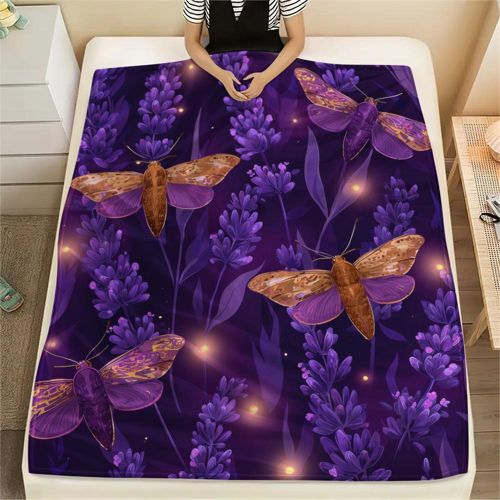 Purple Flower Butterfly  Print Flannel Blanket, High quality Comfortable for All Seasons, Home Decor, Warmth and Comfort