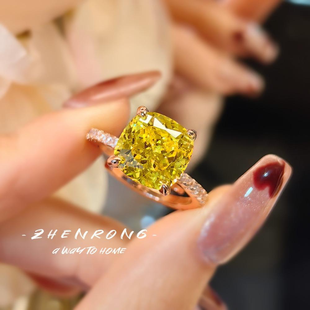 Premium Ice Cut Cushion Ring for Women Caramel Purple High Carbon Diamond Rose Gold Wedding Jewelry
