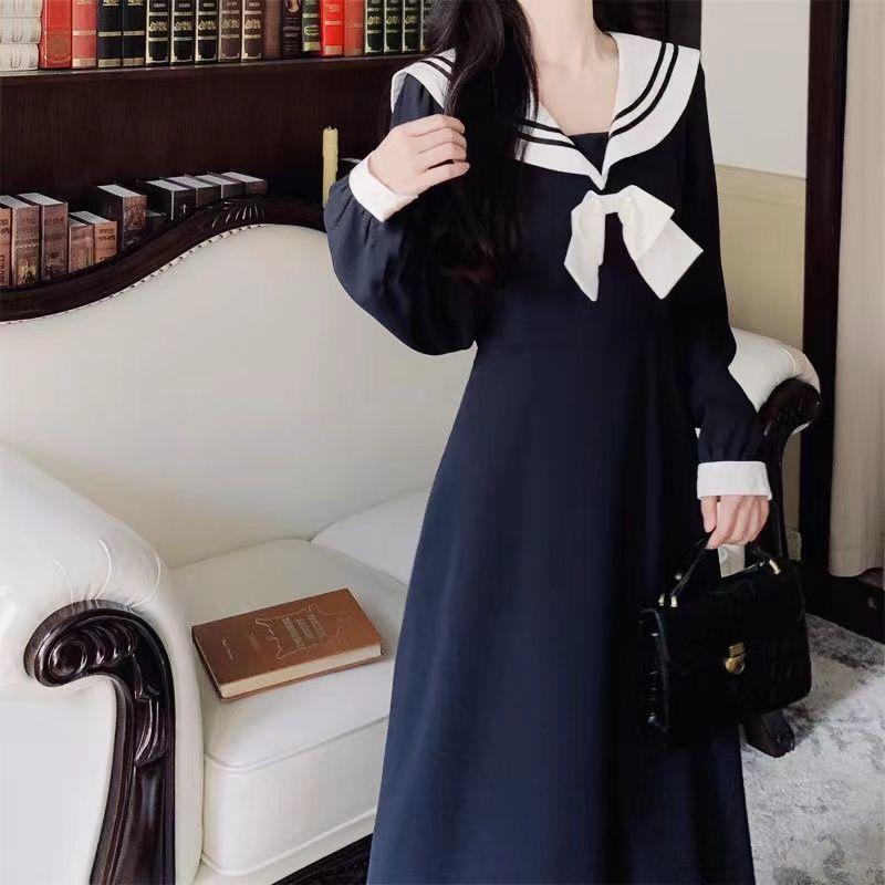 

Большое женское темно-синее платье с воротником, женское осеннее длинное платье Fat Sister Mm French Super Fairy Kikyo M темно-синий