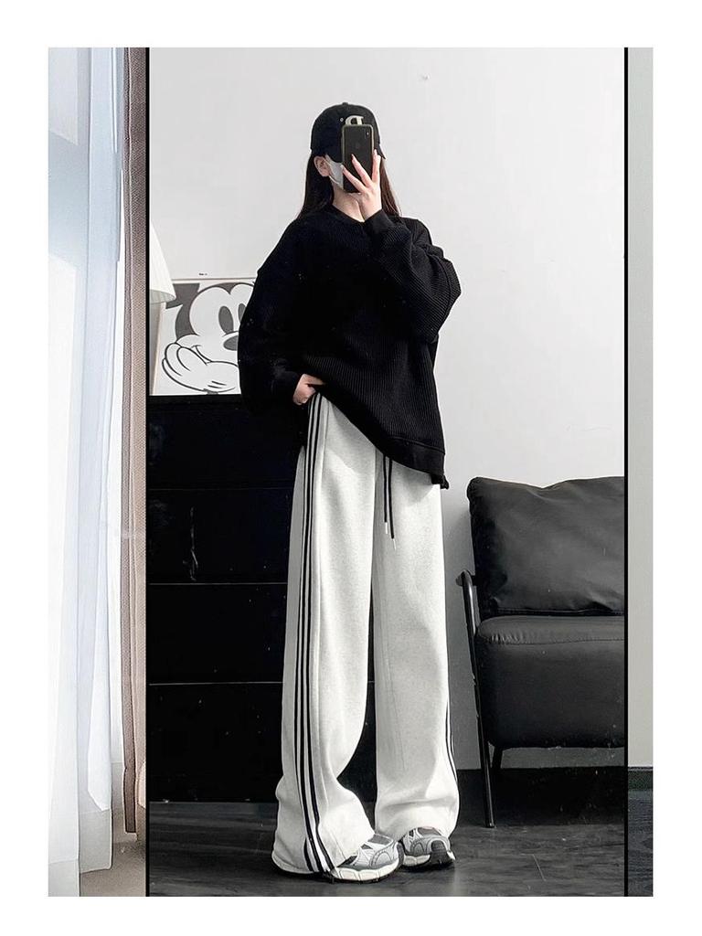 Women's White Gray Striped Wide-Leg Sweatpants - New for Spring & Autumn 2024