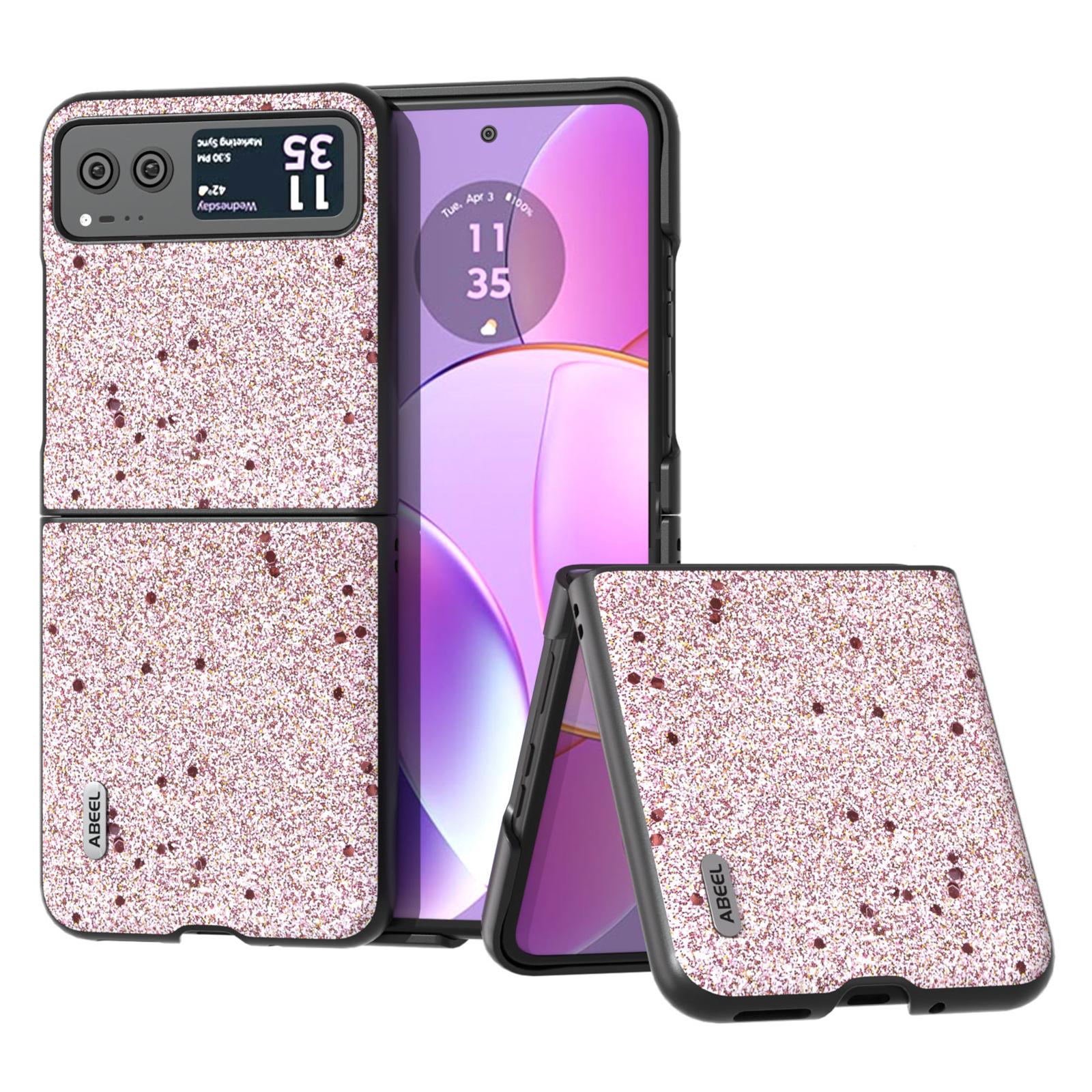 

ABEEL For Motorola Razr 40 5G Glitter Back Cover PU Leather Coated PC Shockproof Phone Case Pink