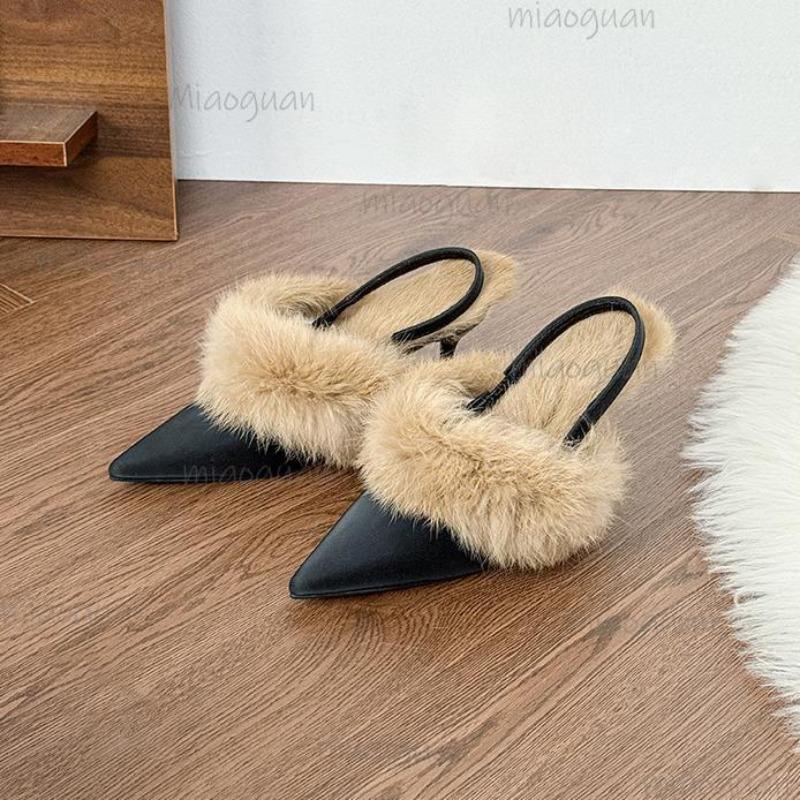 Autumn Winter Fur Lined Stiletto High Heel Mule Sandals for Women Pointed Toe Dress Sandals Cozy Back Strap Sandalias De Mujer