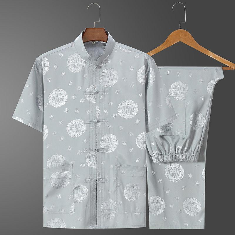 Casual Ice Silk Tang Suit Men's Short Sleeve Loose Fit Plus Size Chinese Style Father Hanfu Summer Clothing For Middle-Aged