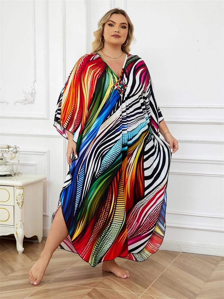 EDOLYNSA Sexy Plus Size Wine Red Kaftan Women's V-neck Batwing Sleeve Beach Dress 2024 Summer Vacation Beachwear Bathing Suit Cover Up