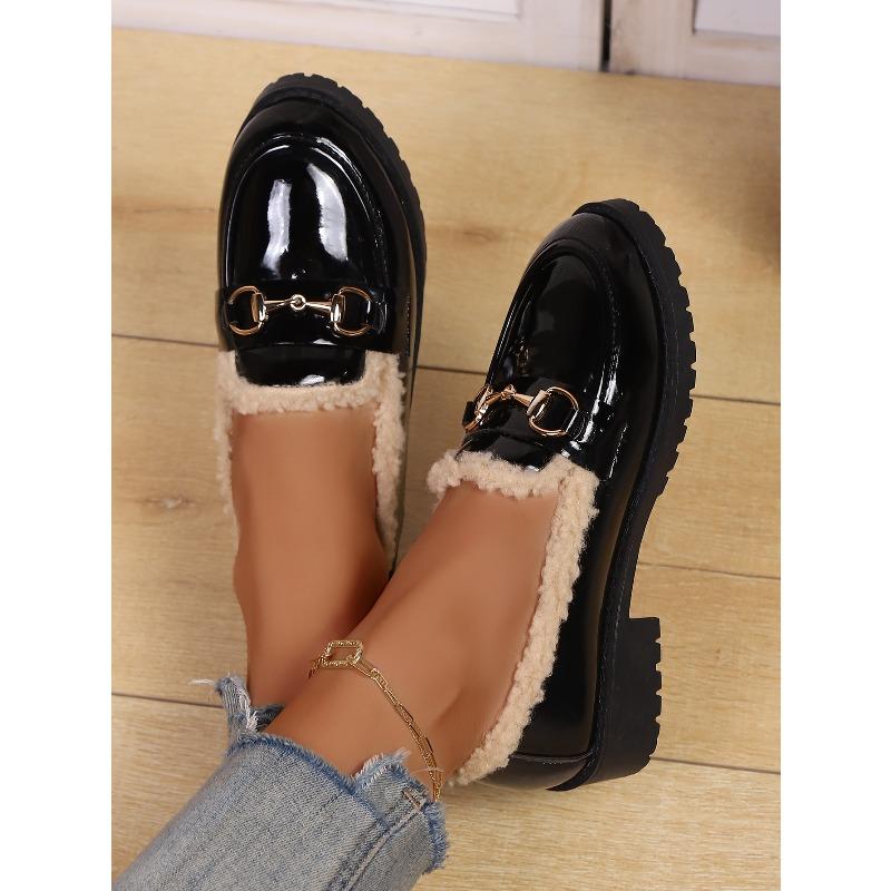 Women's Autumn British Style Leather Shoes - Low-Medium Heel, Fleece-Lined, Versatile