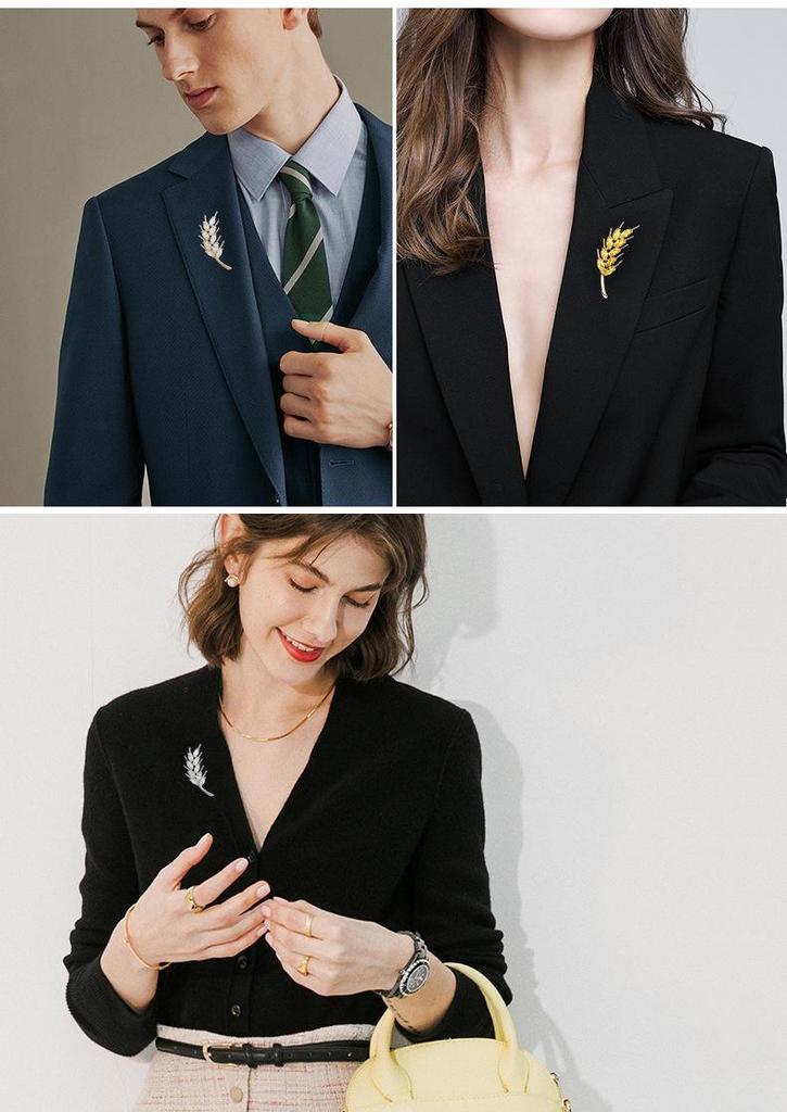 Elegant Gold-Plated Zirconia Wheat Ear Brooch - Unisex High-End Suit Accessory
