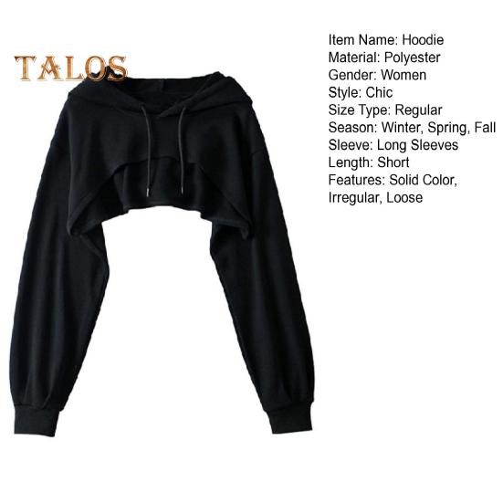 Women Short Hoodie Irregular Solid Color Hooded Long Sleeves Drawstring Elastic Cuff Loose Individual Sport Streetwear Daily Top