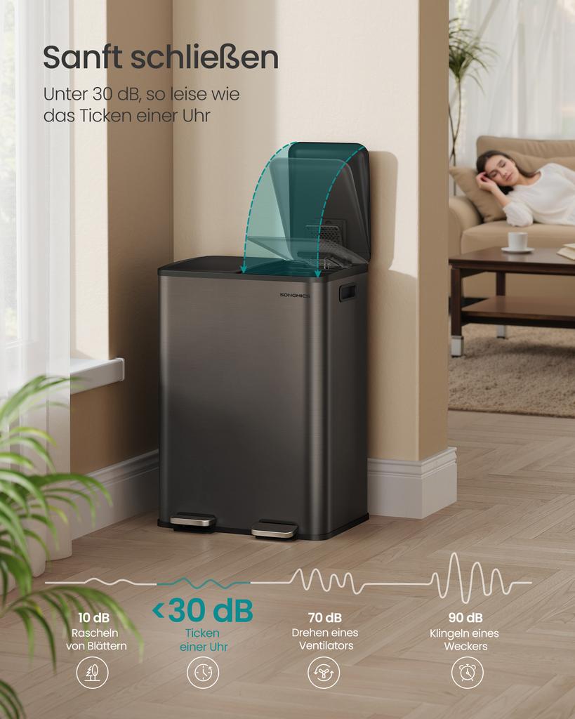 SONGMICS Kitchen Bin, 2 x 8 Gallon (2 x 30 L) Dual-Compartment Pedal Rubbish Bin with Soft-Close Lid and Inner Buckets, Steel, Includes 15 Liner Bags