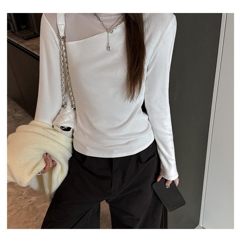 Women S Long Sleeve Slim Fit Mesh Patchwork Basic Top For Autumn Winter